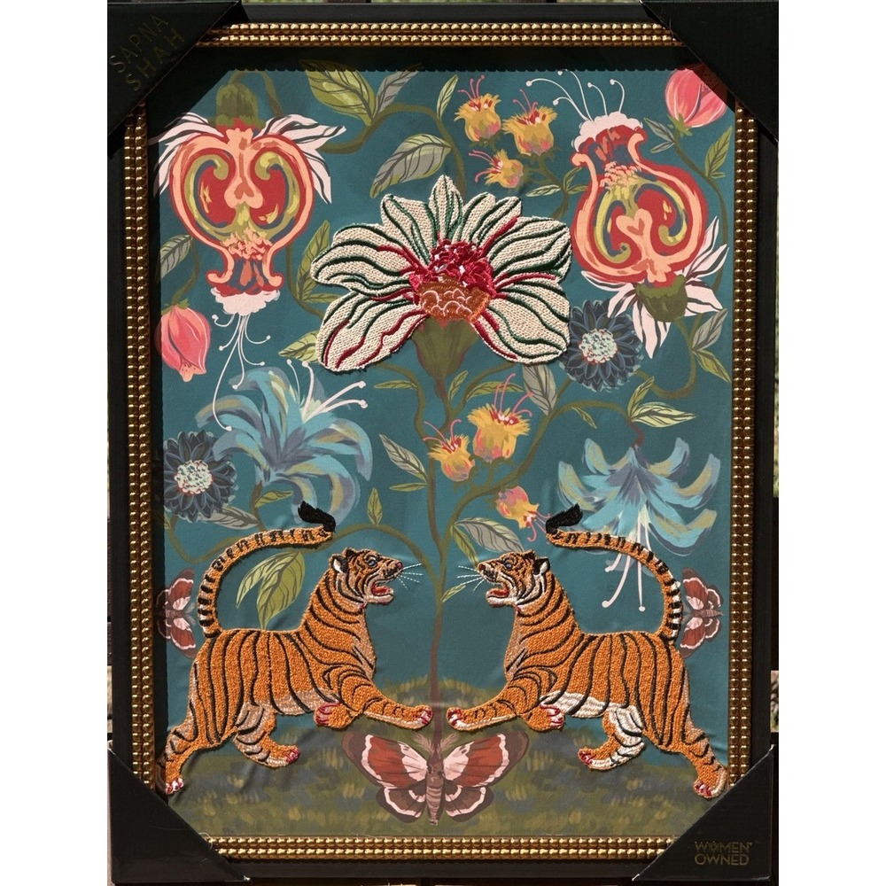 Sapna Shah Bengal Tiger Floral Garden 20x16 Framed Print embroidered NWT